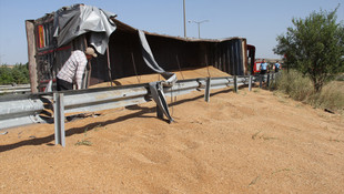 Buğday yüklü tır devrildi: 1 yaralı