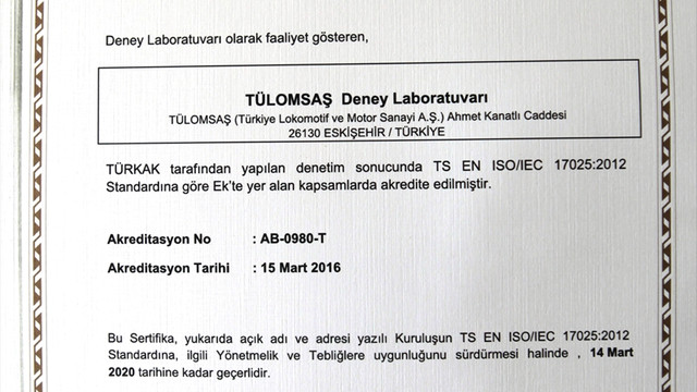 TÜLOMSAŞ Deney Laboratuvarı tescillendi